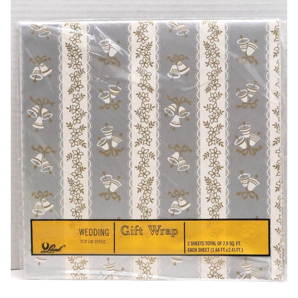 Vtg Laurel Wedding Gift Wrapping Paper 2 Sheets 7.9 Sq. Ft. Silver Gold Bells